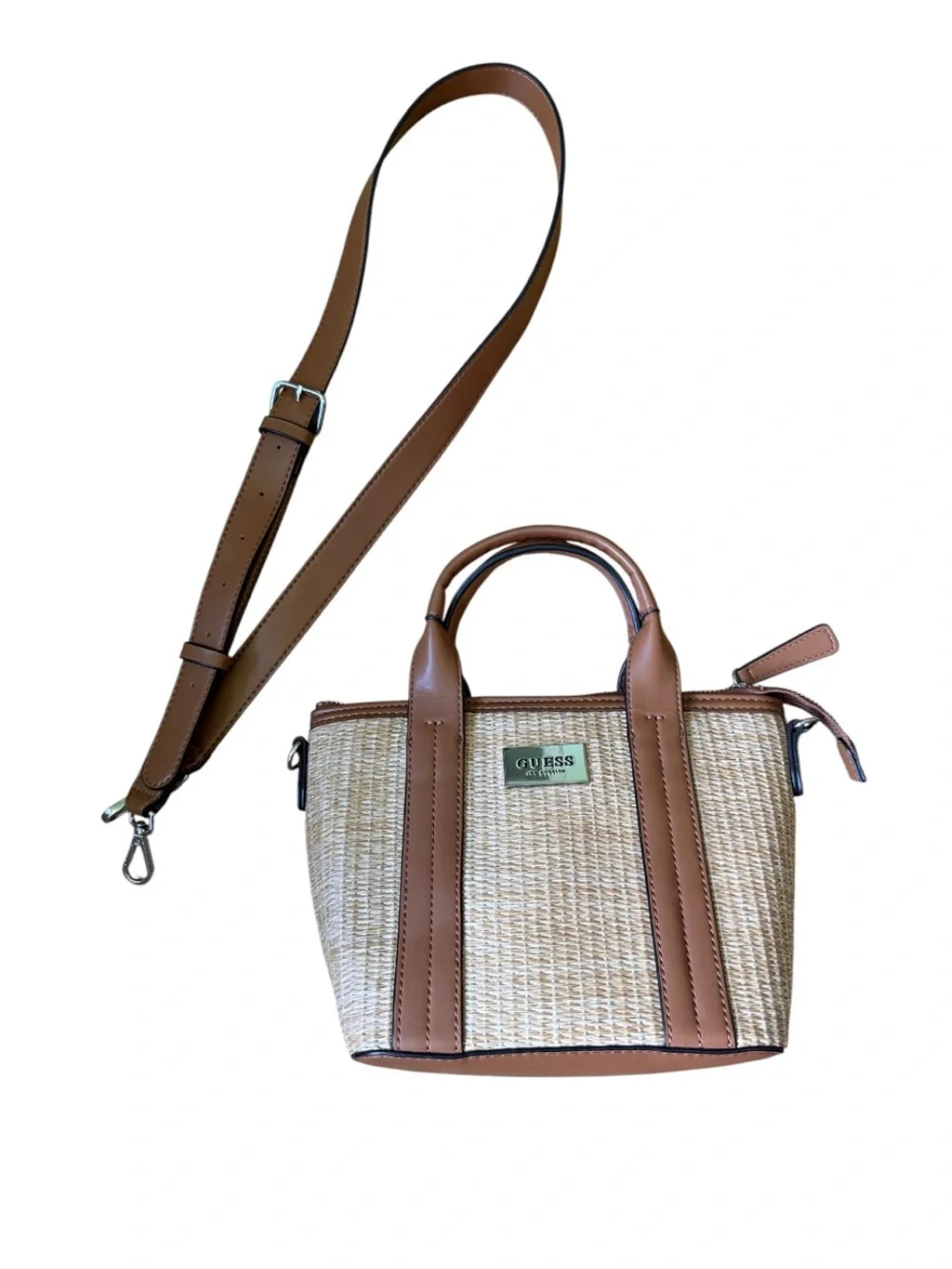 GUESS Brown and Tan Woven Crossbody Mini Purse